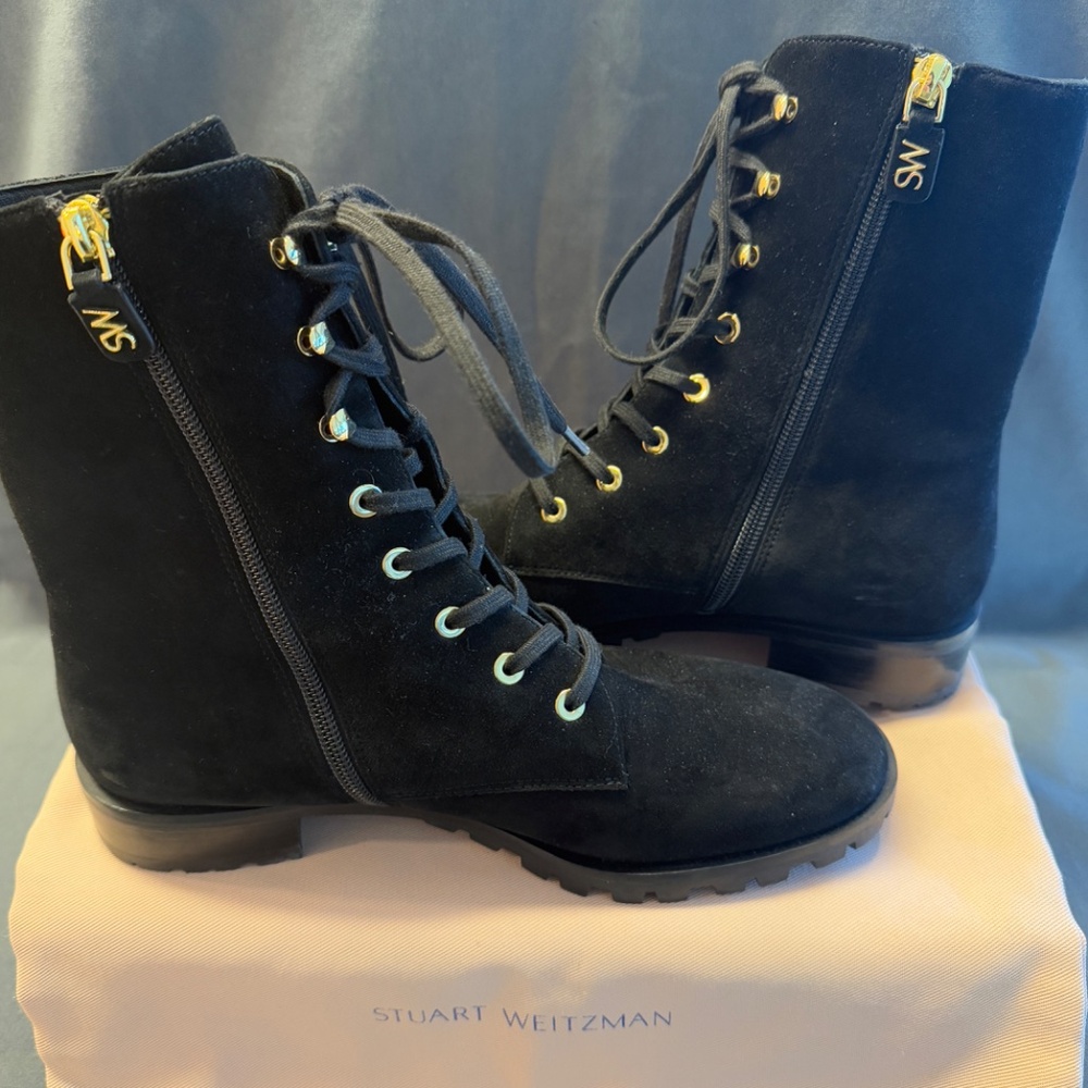 Stuart Weitzman “Norrie” Suede Combat Boots – Black | Size 8 / 38.5